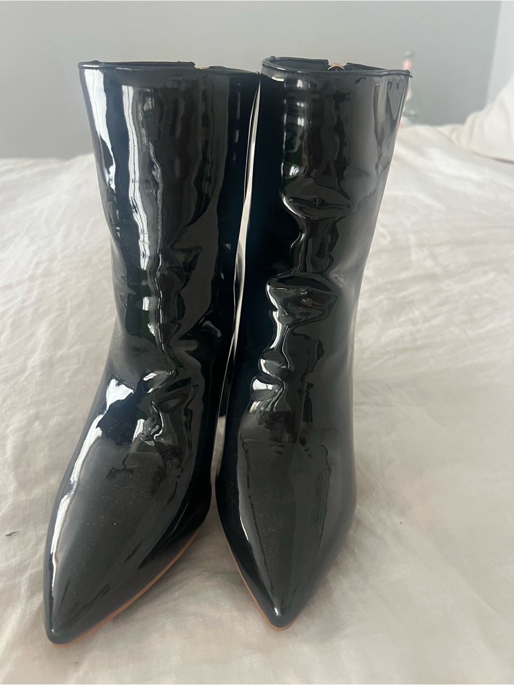 Glossy Black Patent Pointed Toe Heeled Ankle Boots